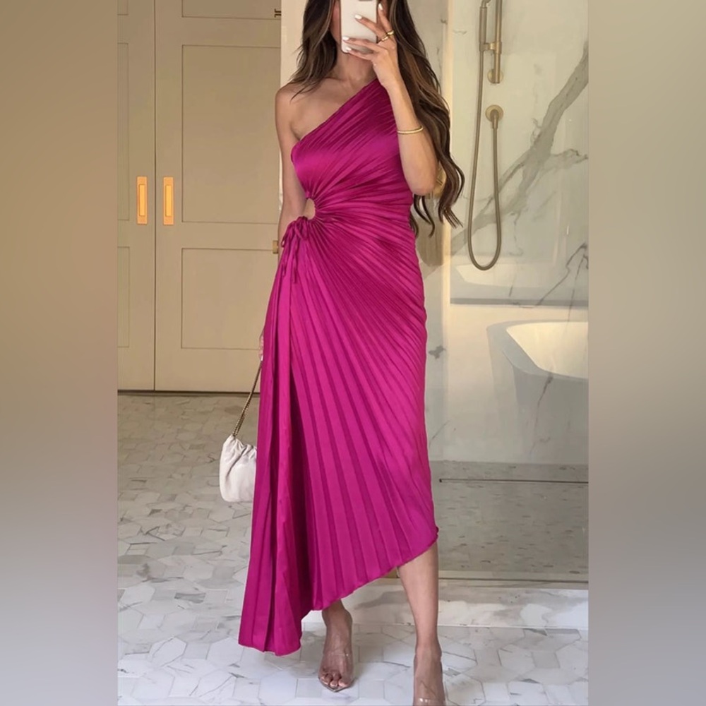 Commense Pink Asymmetrical Pleated Silk Dress